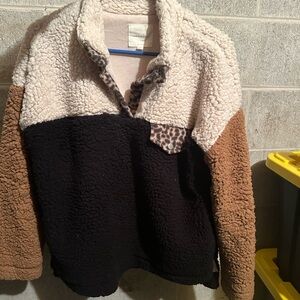 Thread & Supply Soft Beige Sherpa Jacket Cheetah Print Detail Pullover